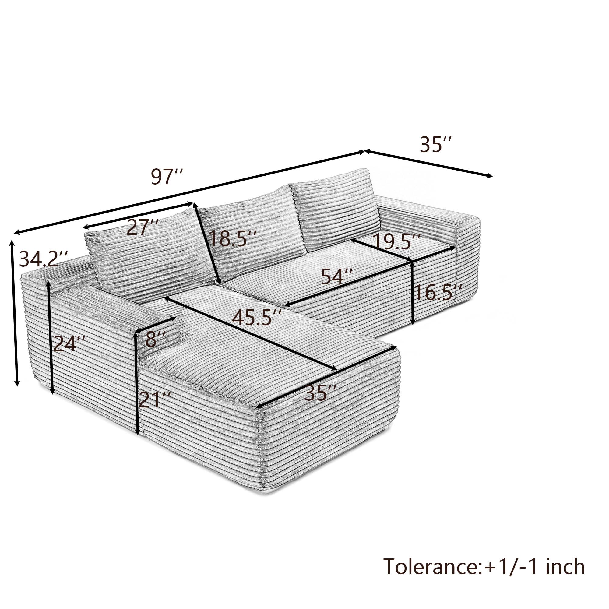 Miniyam Move-in Ready 97" Sectional, L-Shape Deep Seat & Chaise, No Assembly, Corduroy (Left Facing Chaise, Black)