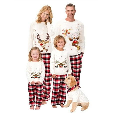 

Mubineo Parent-Child Pajamas Set Round Neck Long Sleeve Elk Pattern Tops+Long Pant Dog Shirt Baby Romper