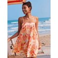 thumbnail image 3 of Orange All-Over Tropical Print Spaghetti Strap Tiered Mini Sundress For Women, Boho Vacation Dress, 3 of 7