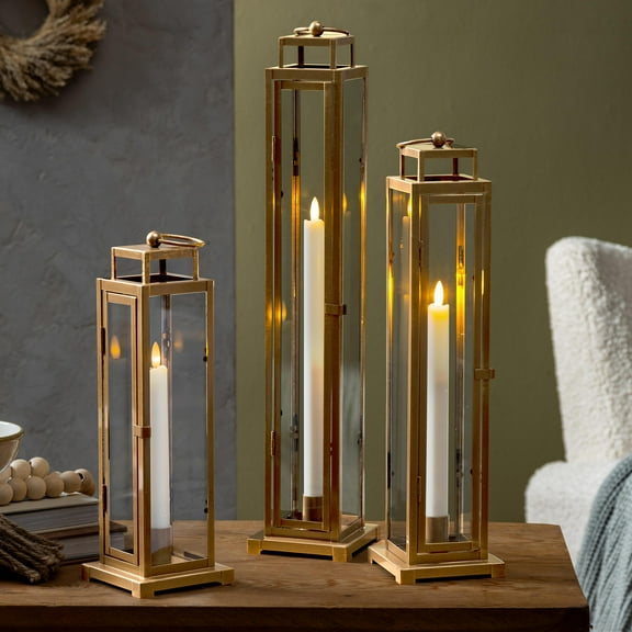 VivaStyle Outdoor Lamps & Lighting, LED Lantern, Gold Taper Candle, Set of 3