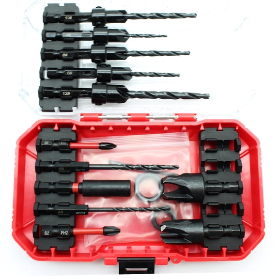 TMAX 15pc Countersink Drill Bit Set for Screws,Tapered Drill Bits with 2pc Wood Plug Cutter and 2pc Phillips Screwdriver bits, 1/4 Inch Hex Shank for Woodworking