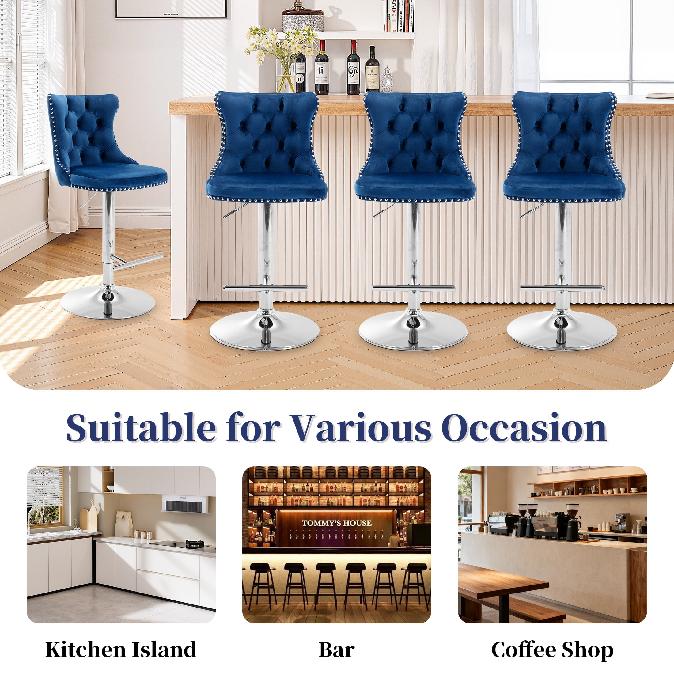 PAPROOS Bar Stools Set of 4, 360°Velvet Swivel Barstools with Backs, Chrome Base, Adjustable Seat Height from 25-33 inch, Counter Height Bar Chairs for Kitchen Island, Home Bar, Blue