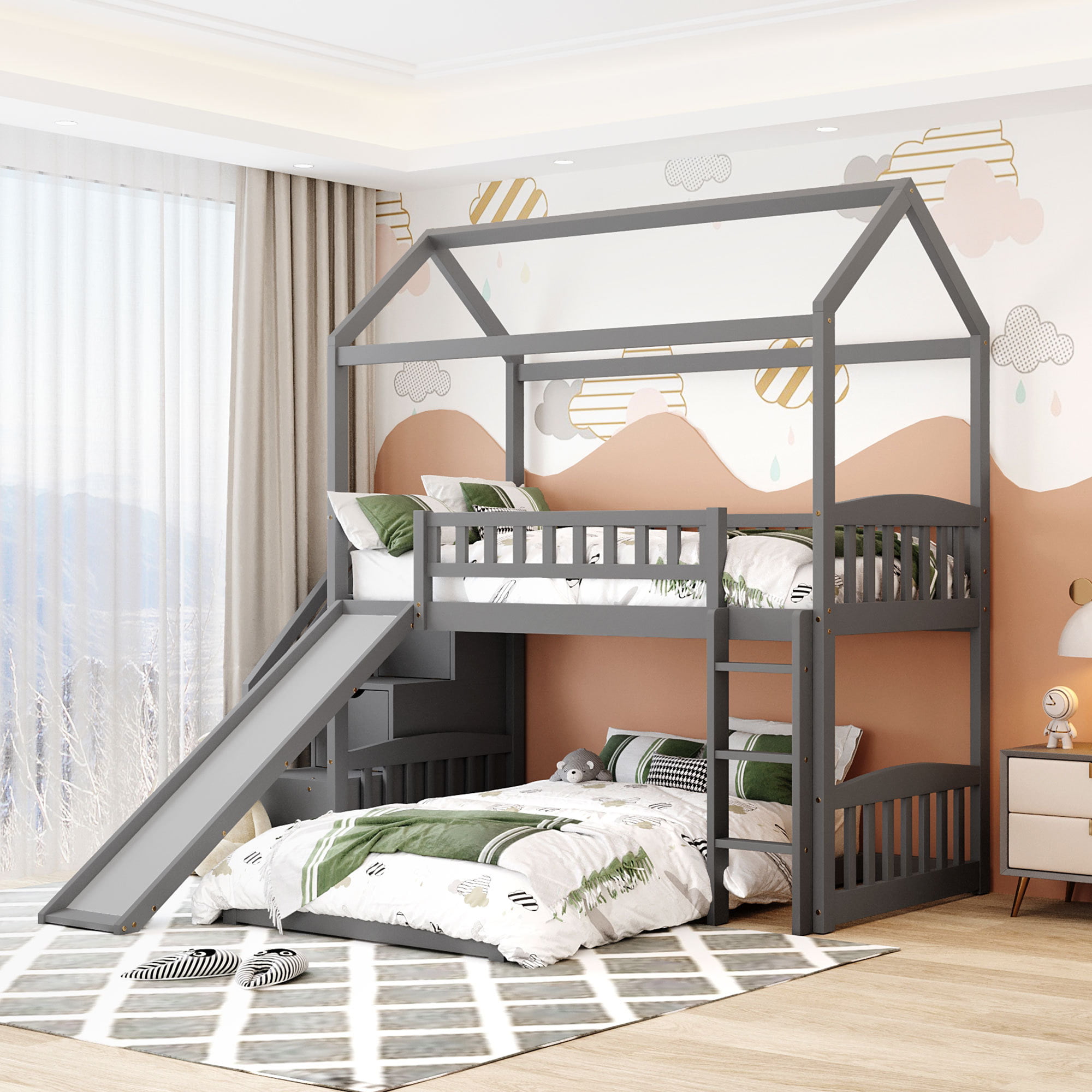 Wood Twin Bed Frame With Stairs, Kids Bunk Bed With Slide And Stairs