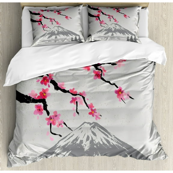 Japanese Duvet Cover Set Queen Size, Greyscale Grunge Background with Fujiyama Mountain and Cherry Blossoms, Decorative 3 Piece Bedding Set with 2 Pillow Shams, Grey Black and Pink, by Ambesonne