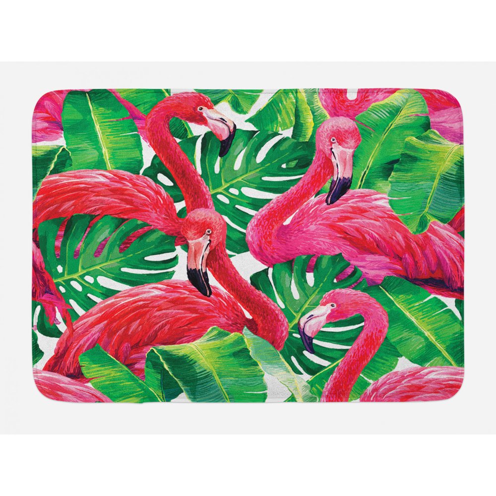 Flamingo Bath Mat, Flamingos Sitting on Macro Tropic Exotic Leaves Graphic in Retro Style