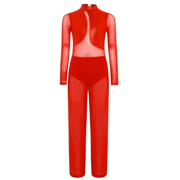 Mufeng Kids Girls Mesh Patchwork Metallic Long Sleeve Full Body Unitard Figure Skating Jumpsuit Red 12