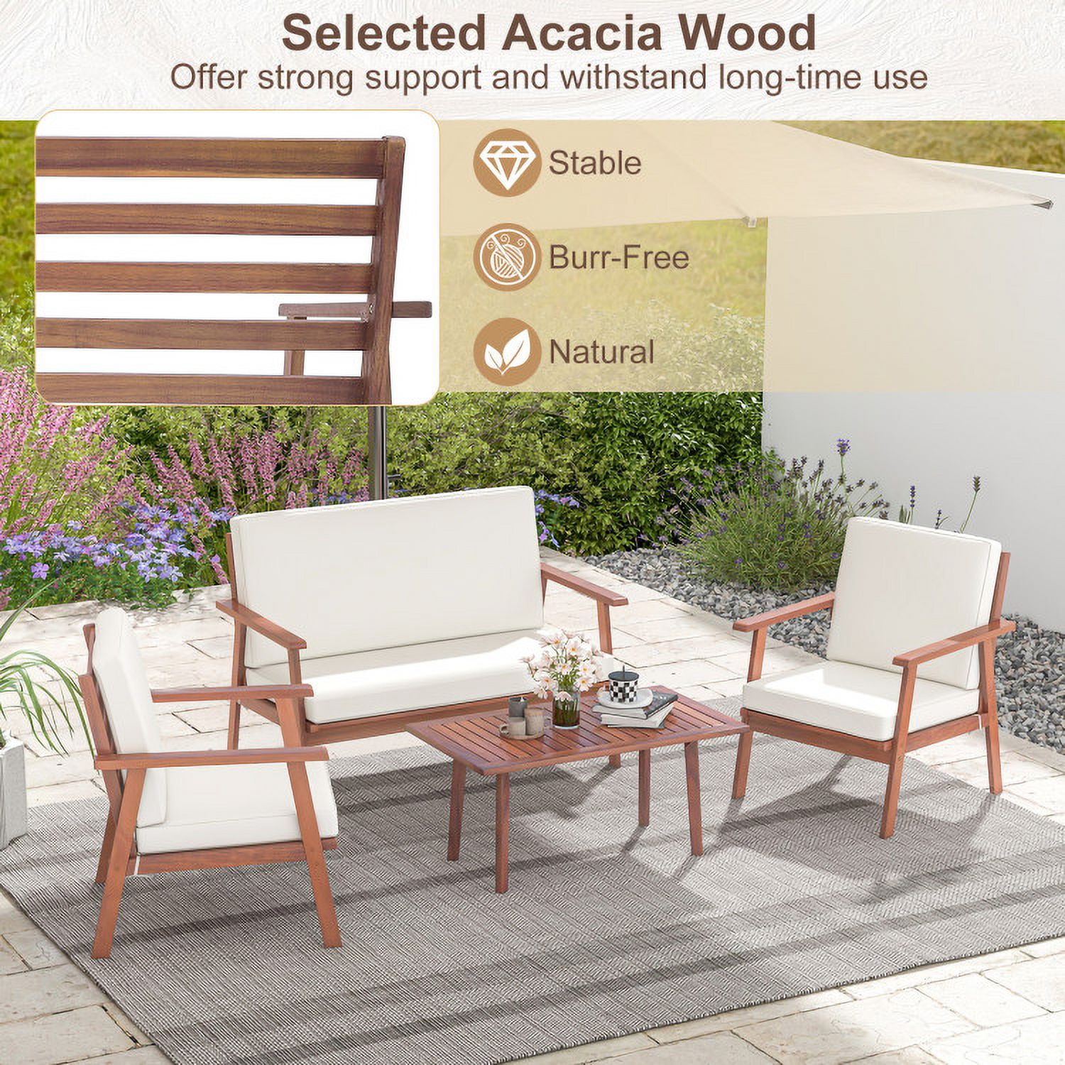 Aimee Lii 4 Piece Outdoor Acacia Wood Conversation Set, Outdoor Patio Set with Soft Seat and Back Cushions, White Aimee Lii 4 Piece Outdoor Acacia Wood Conversation Set, Outdoor Patio Set with Soft Seat and Back Cushions, White
