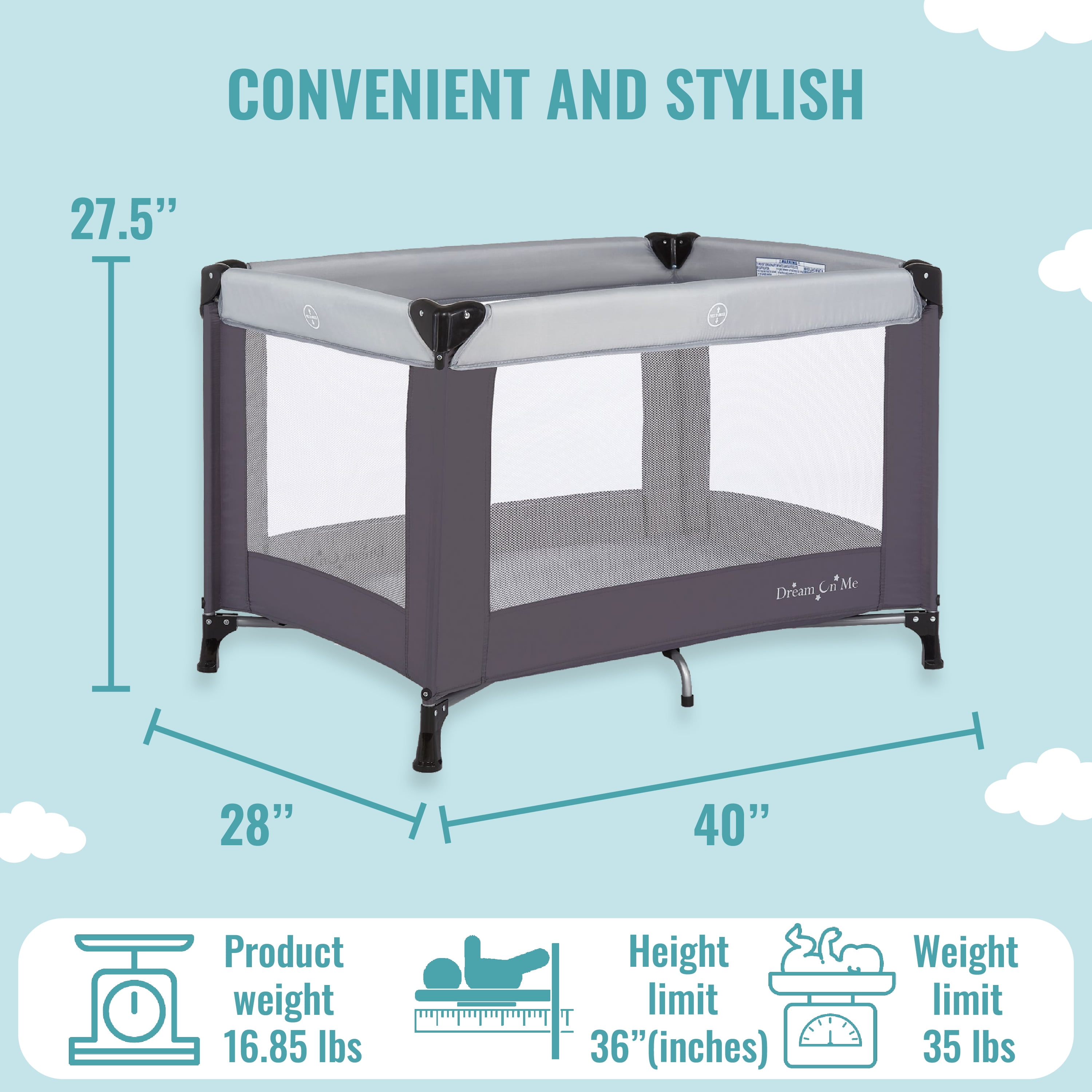 Dream On Me Nest Portable Play Yard with Carry Bag and Shoulder Strap, Gray