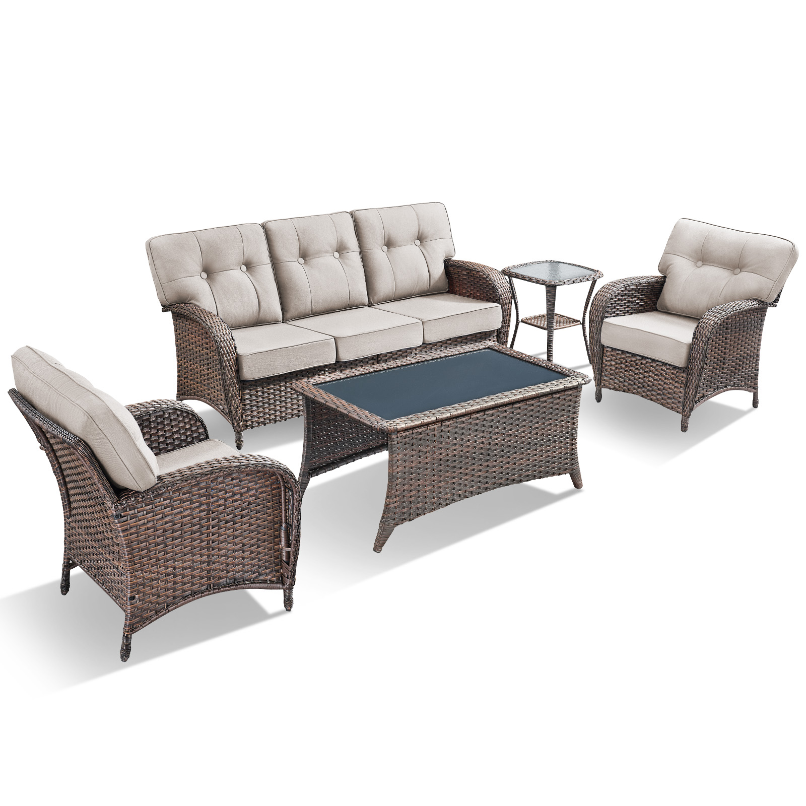 POCASSY 5 Piece Patio Furniture Set, All Weather Brown Wicker Outdoor Patio Furniture Set Patio Sofa Set with Club Lounge Chair and Coffee Table