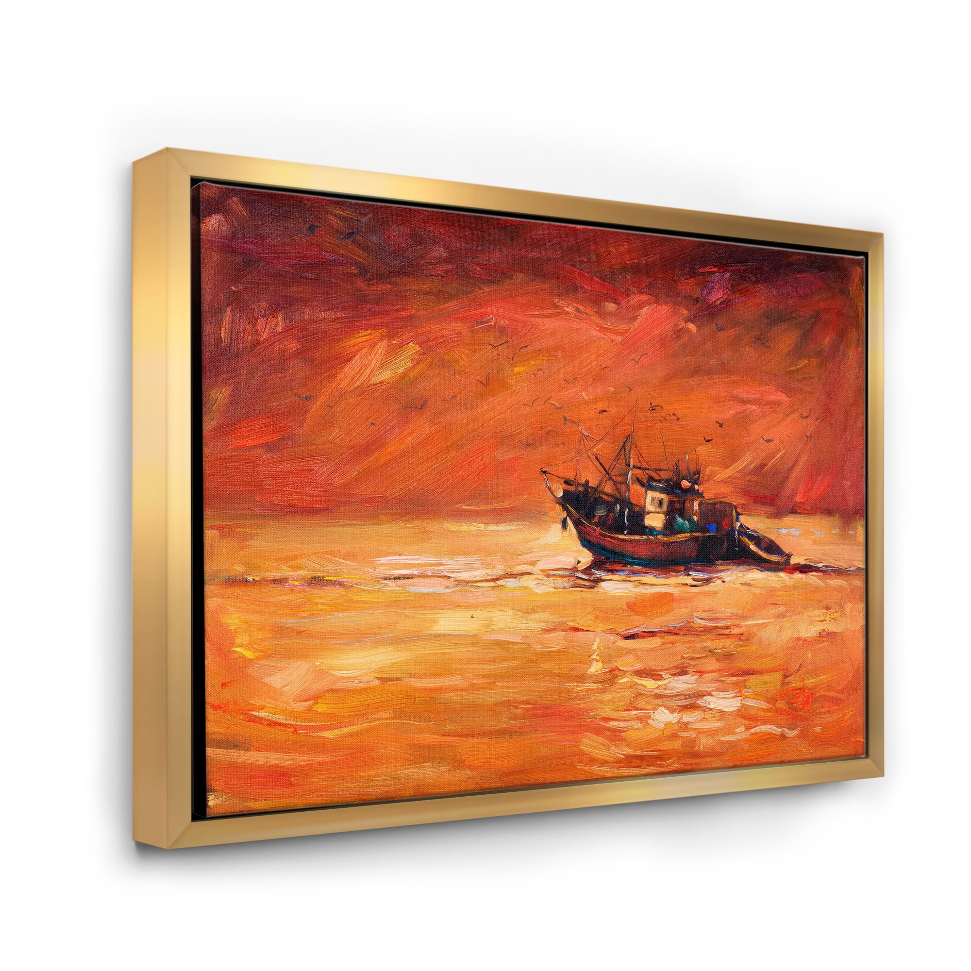 Designart 'Fishing Boat During Red Evening Glow' Nautical & Coastal Framed Canvas Wall Art Print