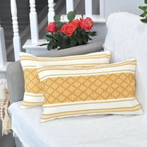 Cotton Woven Designer Lumbar Throw Pillow Covers Mustard Yellow / Cream White, 12 x 20 inches | Oblong Small Rectangular Pillow Cases Set of 2