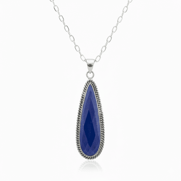 Sechi Long Lapis Lazuli Neckalce Pendant Solid 925 Sterling Silver Gemstone Jewelry (Without Chain)