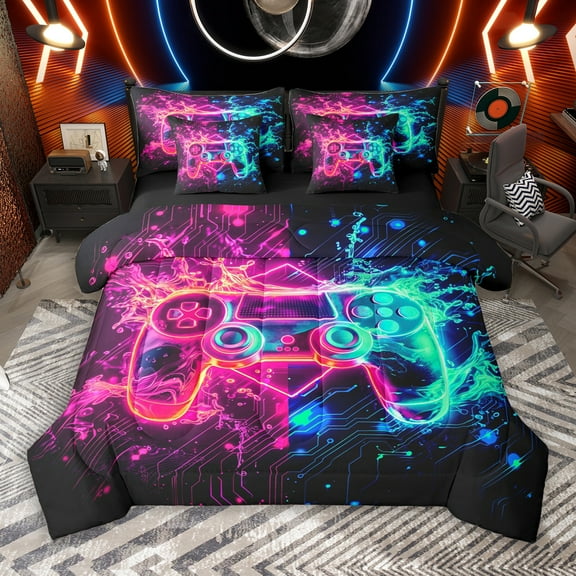 Manfei Kids Game Console 7-Piece Twin Bedding Sets, Pink Cyan Stripes Bedding Comforter Set, Cartoon Gamepad Reversible Sheet Sets, Lightweight Room Decor