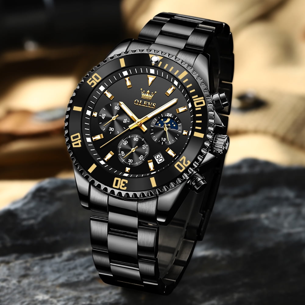 OLEVS Watches for Men Luxury Analog Quartz Chronograph Business Dress Gold Plated Stainless Steel Moon Phase Waterproof Luminous Date Casual Mens Wrist Watches Reloj Para Hombre