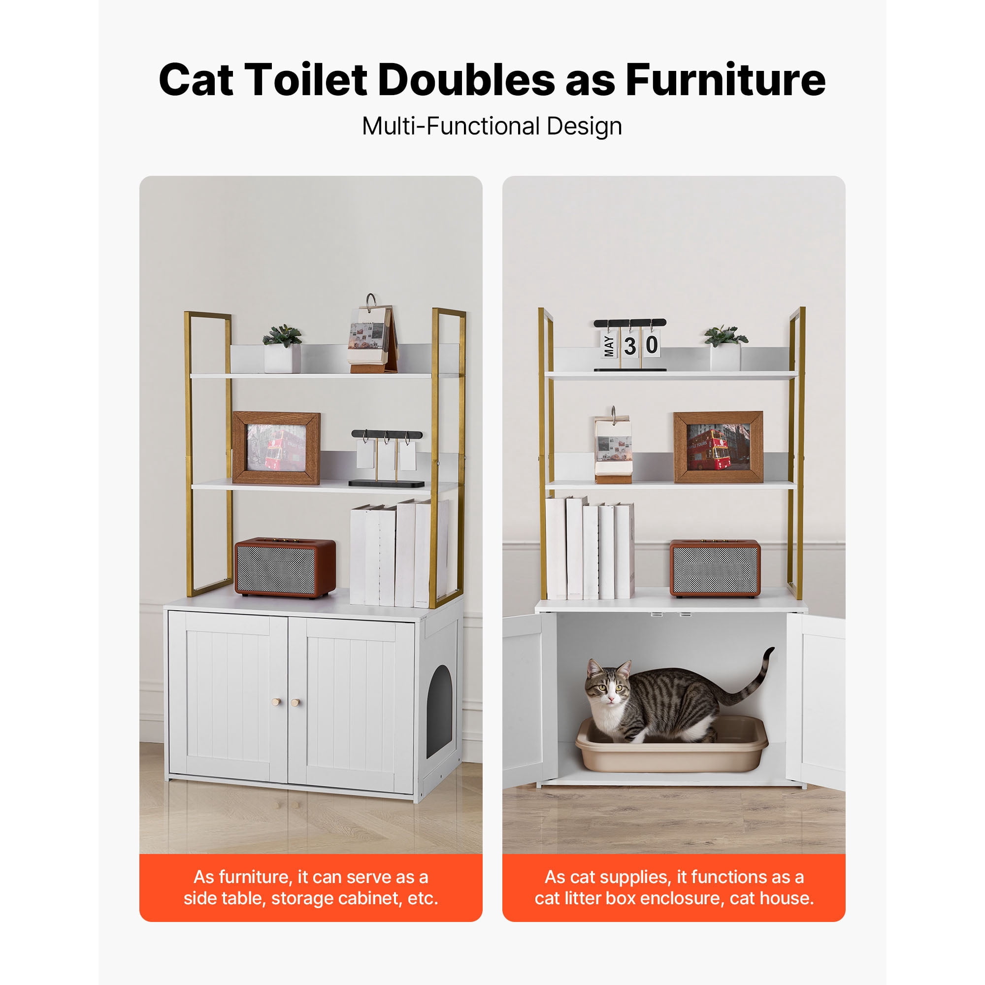 KFFKFF Cat Litter Box Enclosure Furniture, 27.6 in Cabinet with Metal Legs & Dual Storage Shelves, Waterproof Cat Washroom and House, Compatible with Most Litter Boxes, Ideal for Living Room