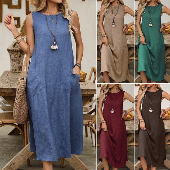 tasrioml Women's Sleeveless Long Dress Casual Crew Neck Maxi Dress Summer Beach Vacation Shift Sundress with Pockets