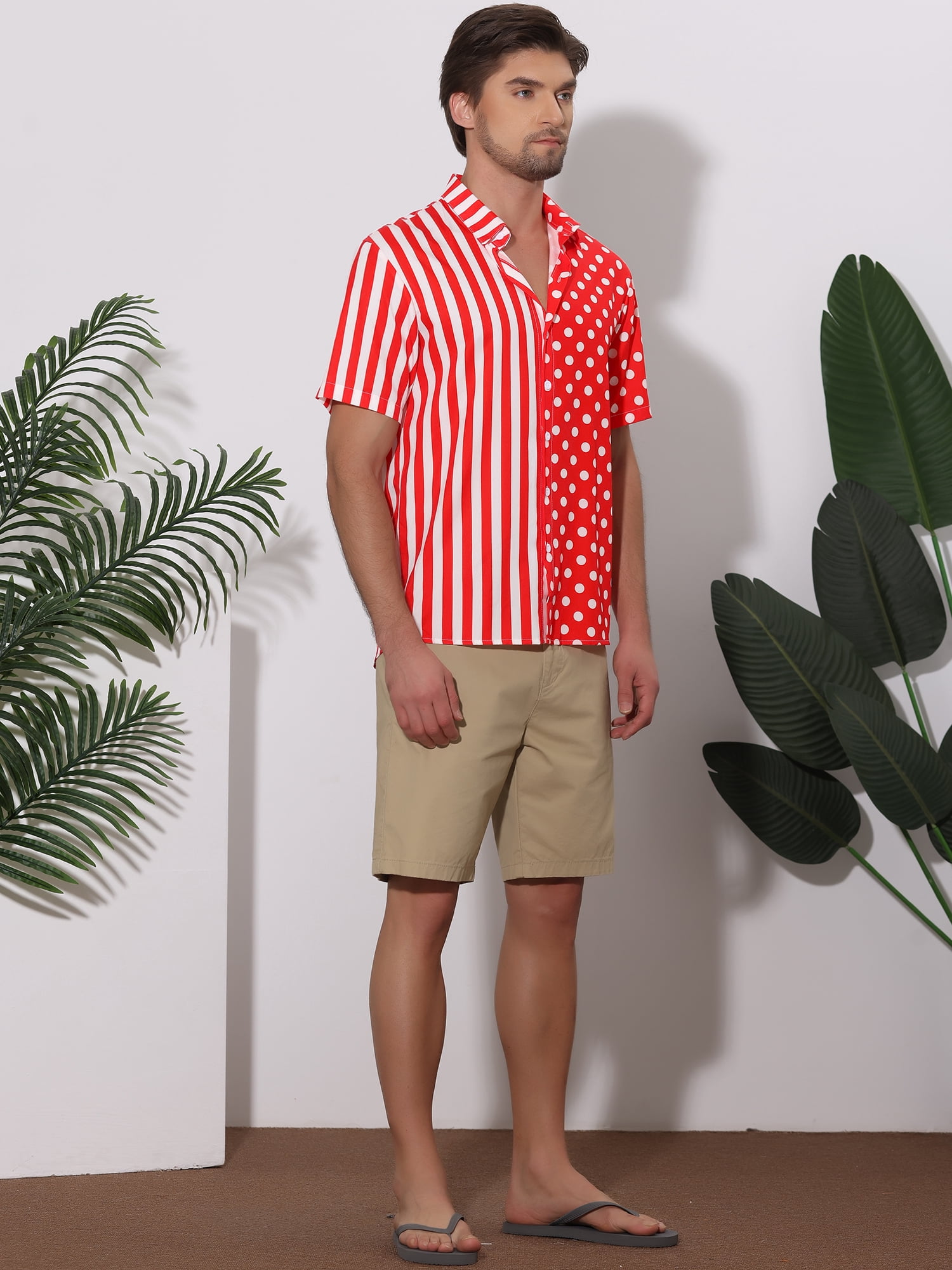 Unique Bargains Men's Summer Stripe Polka Dots Short Sleeves Button Patchwork Shirt L Red White