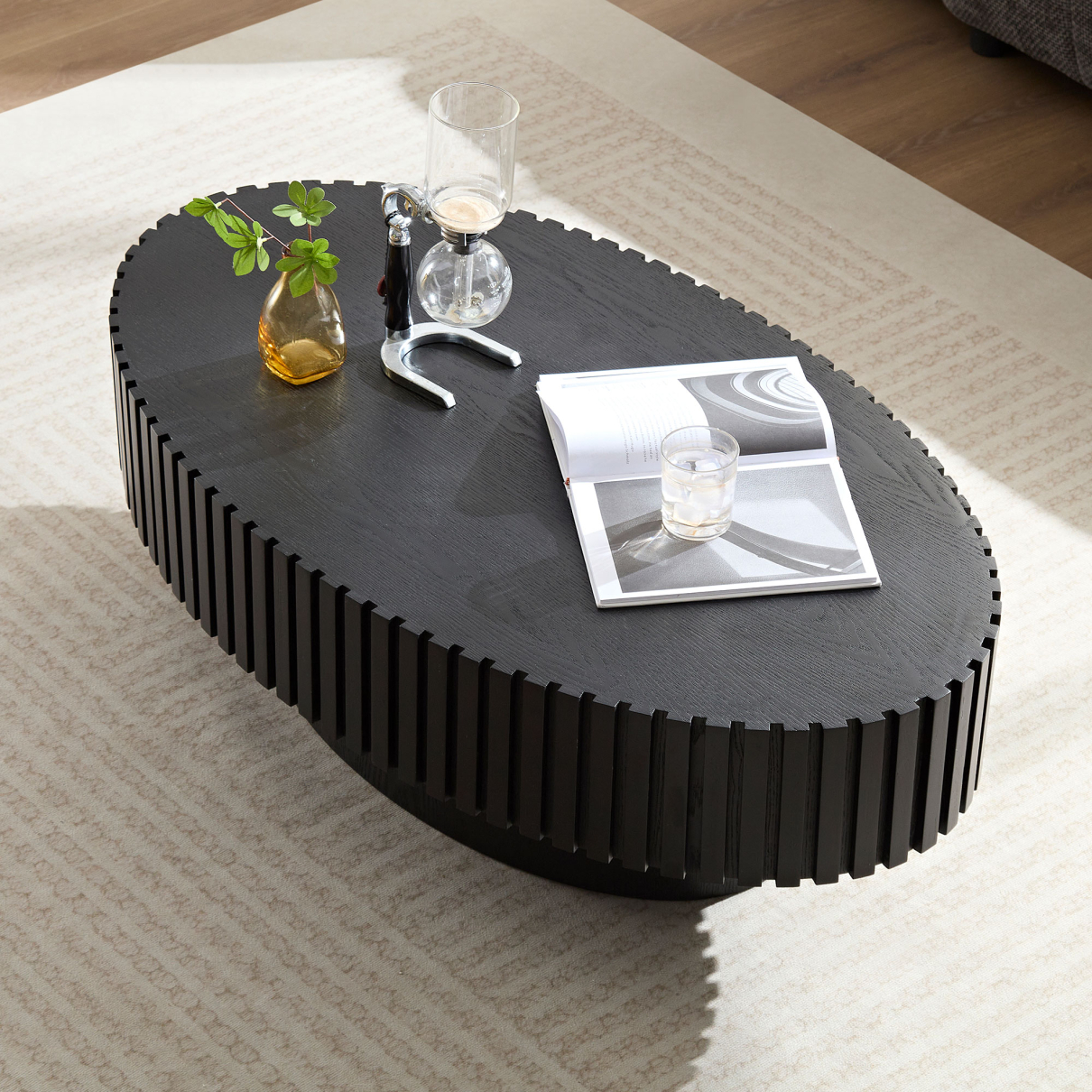 44" Oak Wood Coffee Table, Handcraft Drum Fluted Accent Table, Contemporary Center Table with Sturdy Pedestal for Living Room, Black