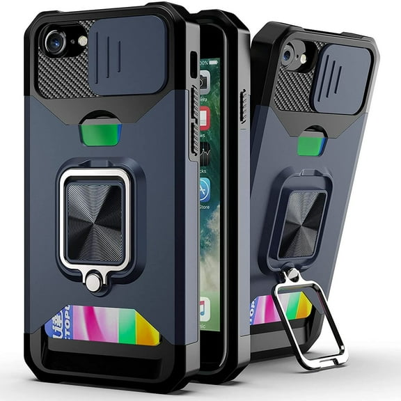 Military Grade All-In-One Ring Stand Card Case for iPhone SE (3rd gen & 2nd gen) and iPhone 8/7 - Navy Blue
