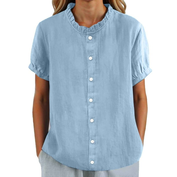 Camiseta de mujer de cuello redondo, cuello alto y botones, manga corta, lisa, con adornos florales, informal/versátil para cualquier estación