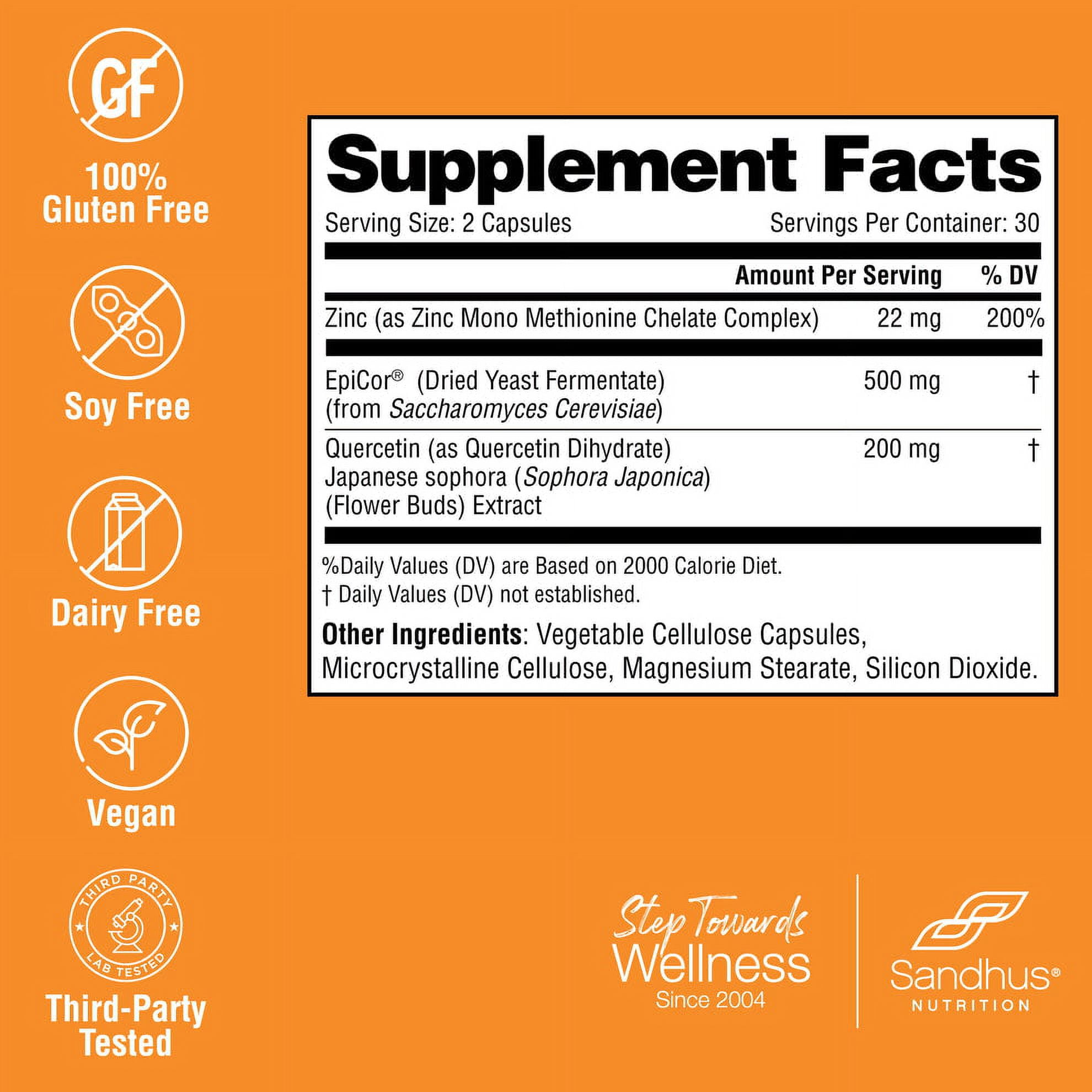 SANDHU'S Zinc with 200mg Quercetin, 500mg EpiCor® (Fermentate) - Year-Round Immune Support Wellness, 30 Servs