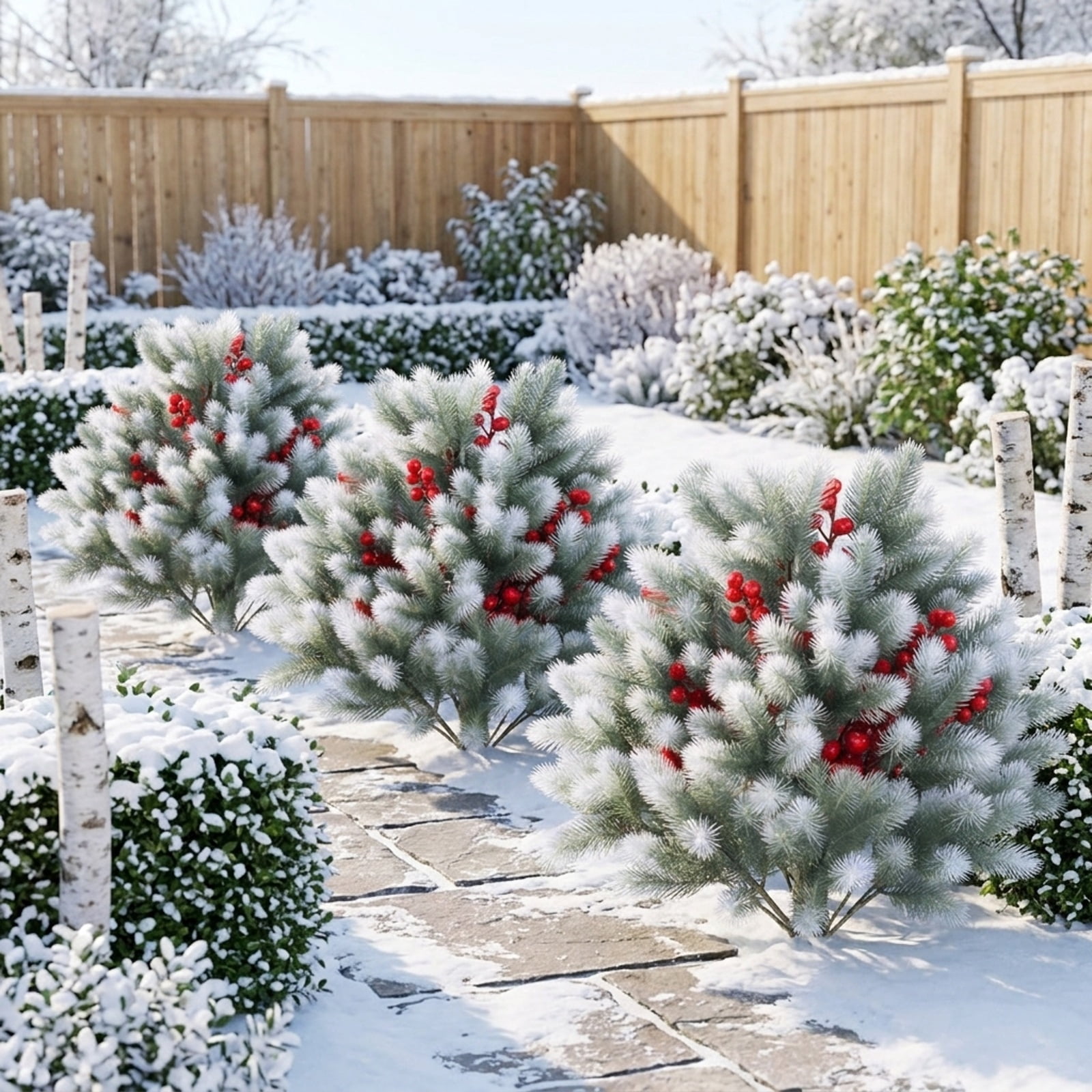 Vebreda Artificial Plant Decor, Set of 2 Artificial Cedar Topiary with Ground Spikes for Porch Patio Winter Decoration, Exquisite Craftsmanship