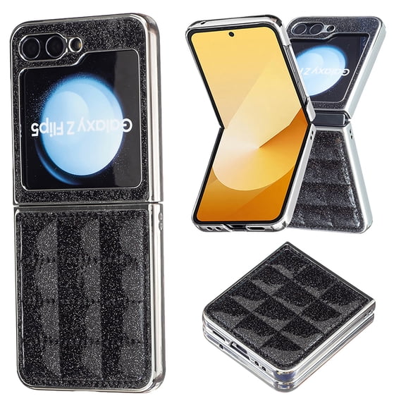 ELEHOLD Full Body Case for Samsung Galaxy Z Flip 6, Trellis Design Bling Sparkly Shockproof Leather Case for Women Men,Black
