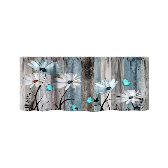 Curtains Valances Rustic Wooden Plank Daisy Polyester Window Valance, Farmhouse Floral Printed Short Curtain Rod Pocket Valance for Kitchen Living Room Decor 45x137cm