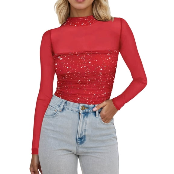 Arlun Sparkly Sequin Mesh Splicing Neck Tops for Women Long Sleeve Sheer See Through T-Shirts Lightweight Soft Comfy Fashion Solid Color Carnival Festival Outfits Red XL