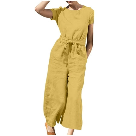 Plus Size Jumpsuit for Women Casual Short Sleeve Bodysuit Cotton Linen Lace-Up Wide Leg Overalls