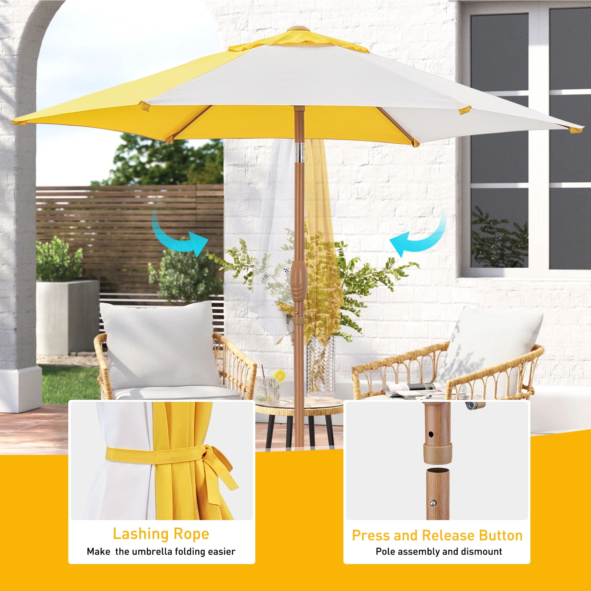 Autlaycil 7.5ft Yellow and White Patio Umbrella with Button Tilt UV Protection for Beach, Pool, Garden, Yard