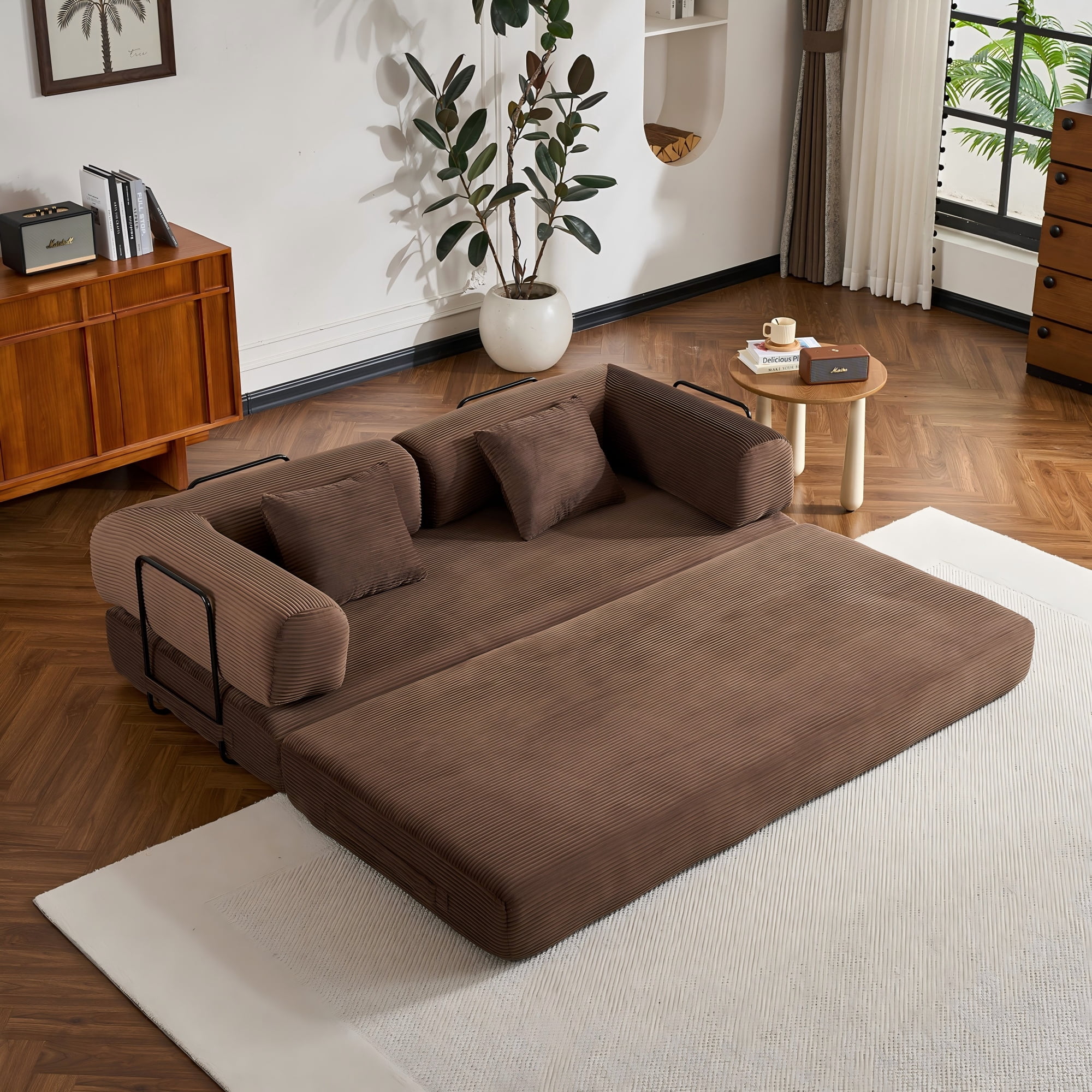 BSHTI 77" Corduroy Convertible Sleeper Sofa Bed with Cylindrical Pillow, No Assembly, Small Space for Living Room（Brown）