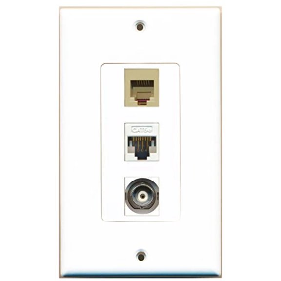 RiteAV - 1 Port Phone RJ11 RJ12 Beige and 1 Port BNC and 1 Port Cat5e Ethernet White Decorative Wall Plate
