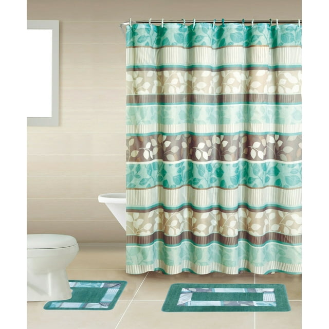 15pc Mint Zen Bathroom Set Printed Banded Rubber Backing Rug Bath Mats With Fabric Shower Curtain & Hooks New Designs