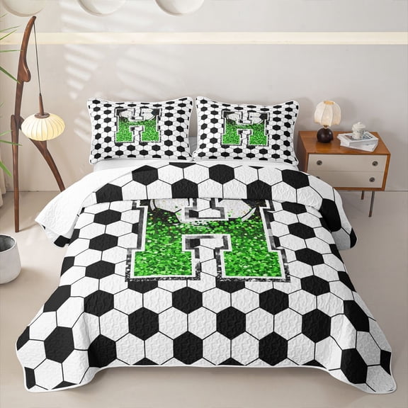 Erosebridal Personalized Initial H Soccer Print Twin Quilt Set for Boys Girls,Teens Green Glitter Print Twin Coverlet Set