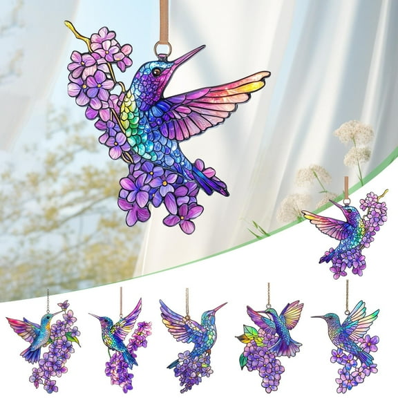 Colorful Hummingbird Flower Sun Catcher Pendant | Decorative Hanging Ornament for Windows Gardens Patios | Intricate Glass Design | 20cm Size | Nature Theme Home Decor Gift