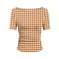 thumbnail image 7 of Womens Tops Boat Neck Short Sleeve T-Shirts Plaid Printed Side Pleated Summer Tees Gifts for Mother, 7 of 7