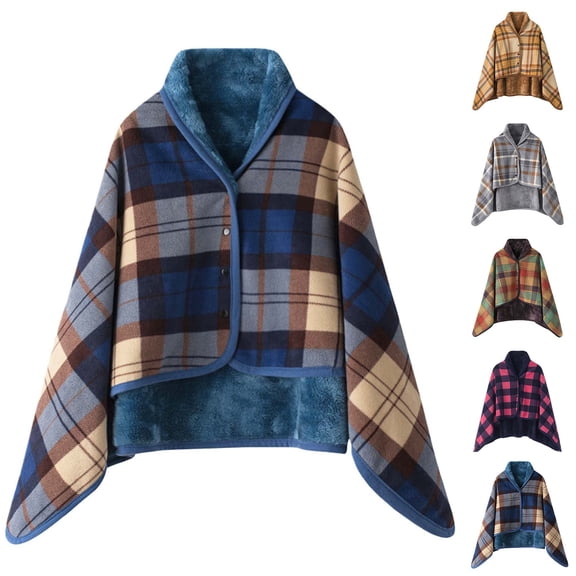 Women's Winter Coral Fleece Double Layer Multifunctional Cold Proof Warm Plaid Blanket and Home Shawl