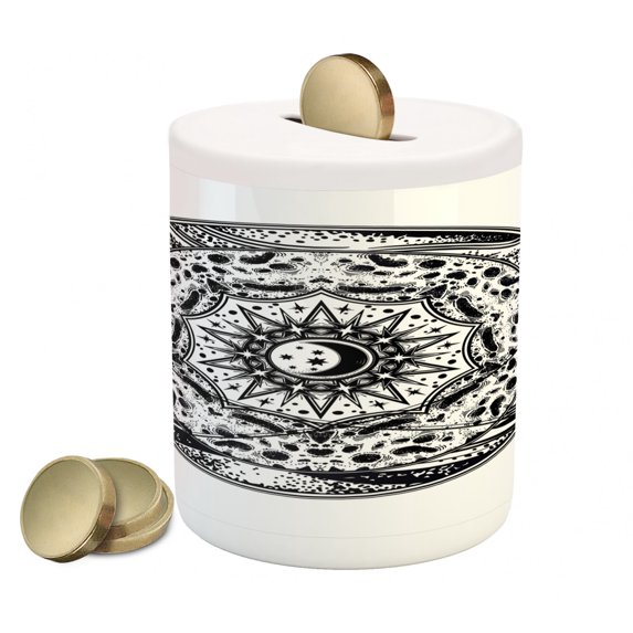 Galaxy Mandala Piggy Bank, Orbital Hoops Inspired Design Interpenetrated Sun and Moon Day Night, Ceramic Coin Bank Money Box for Cash Saving, 3.6" X 3.2", Black and White, by Ambesonne