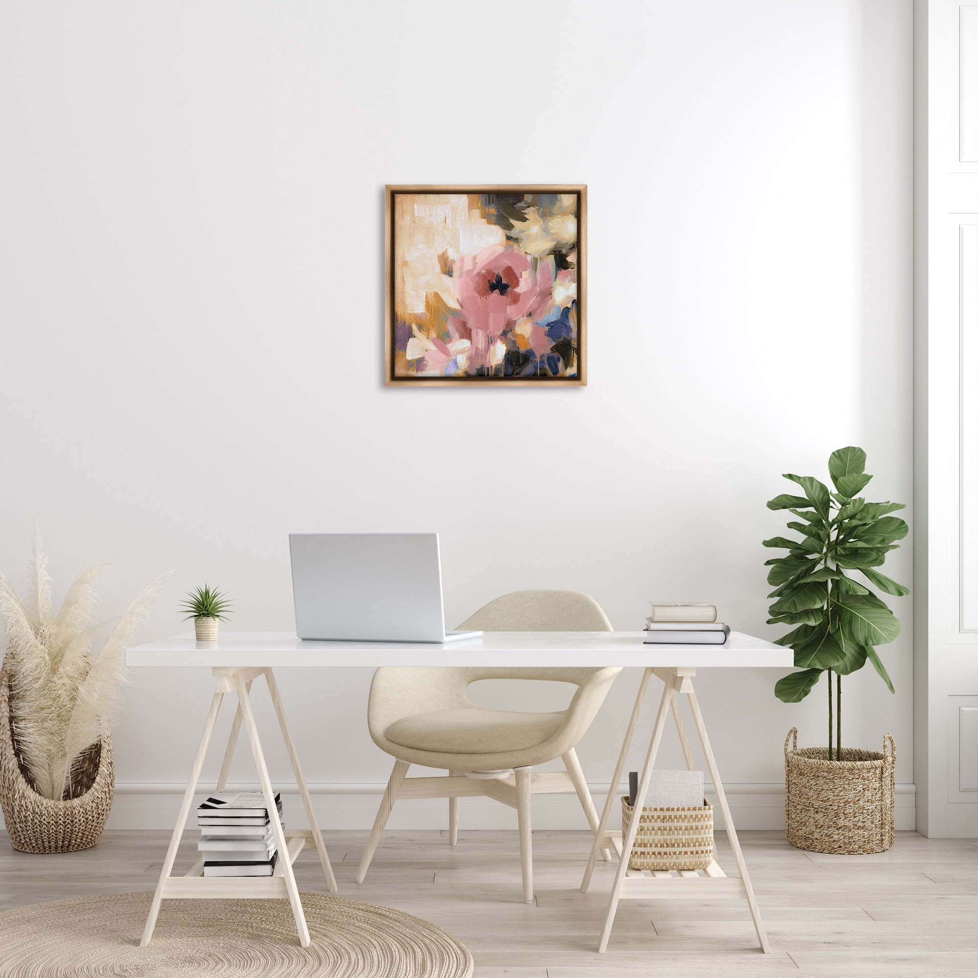 Stupell Industries Abstract Pink Blossom Botanical & Floral Painting Brown Floater Framed Canvas Art Print Wall Art, 25 x 25