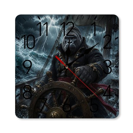 RKSupls 10×10inch Square Silent Wall Clock Wooden Frame, Gorilla Pirate Captain Ship Wheel Scale Decorative Clock for Home Bedroom Living Room Office