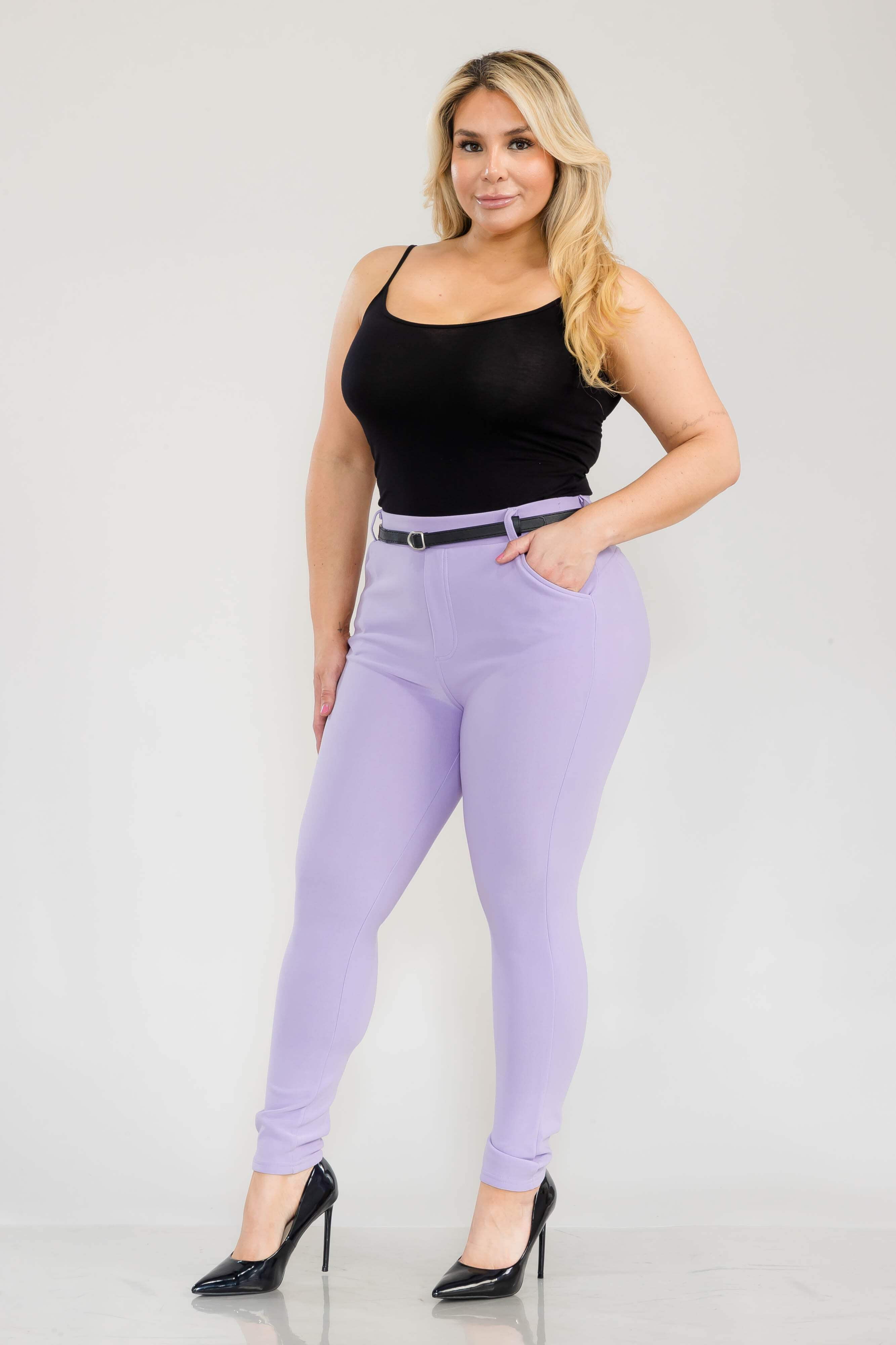 Plus Size Sculpting Treggings With Faux Leather Belt - Purple Rose