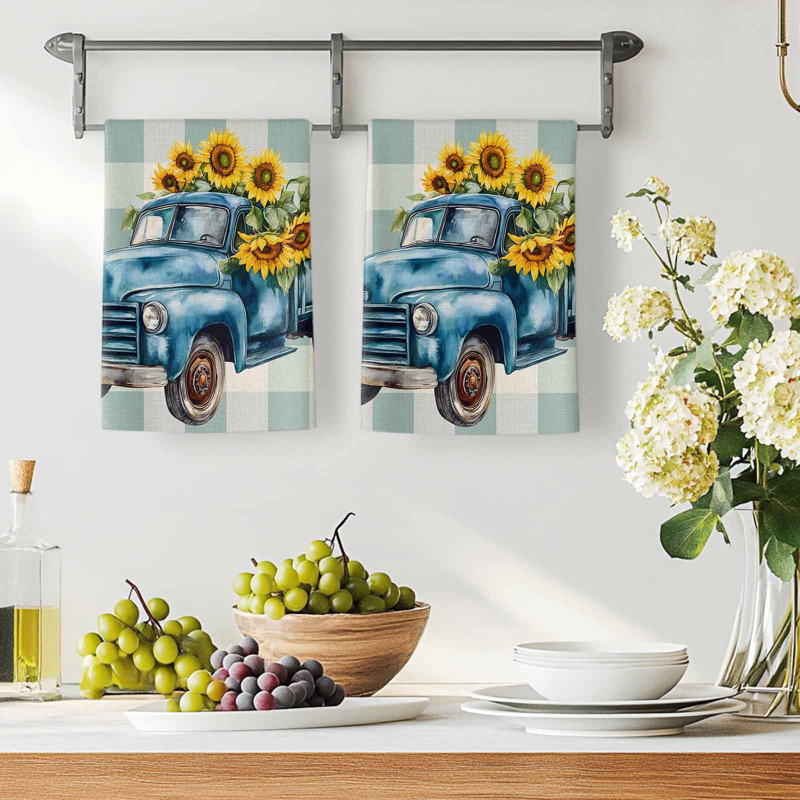Blue Truck Yellow Sunflower Kitchen Towels Set of 2, Summer Teal Plaid Vintage Soft Microfiber Dish Towels, Absorbent Quick-Dry Washable Dishcloths for Kitchen Cleaning, Drying Dishes, 18x28 Inches