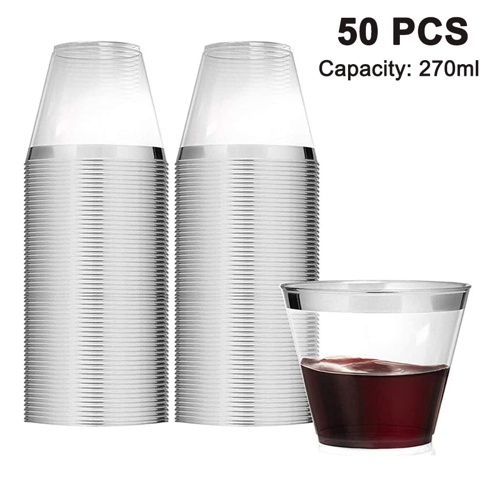 50 Pack 9 oz Gold Rimmed Plastic Cups, Clear Plastic Cups Tumblers