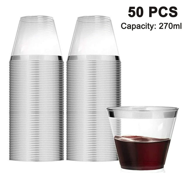 50 Clear Plastic Cups 9 Ounce- Holiday Wedding Party Elegant Trimmed Disposable Cups - Fancy Wedding Cups Silver Rim
