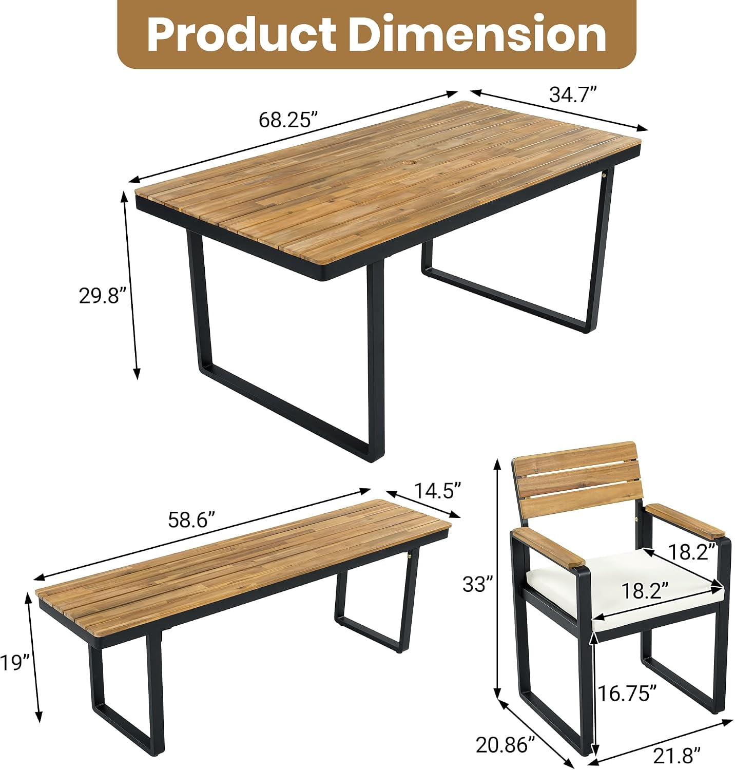 6-Piece Outdoor Patio Dining Set, Acacia Wood Table with 4 Chairs & Bench, Beige Cushions Seats 6-7 for Backyard Garden