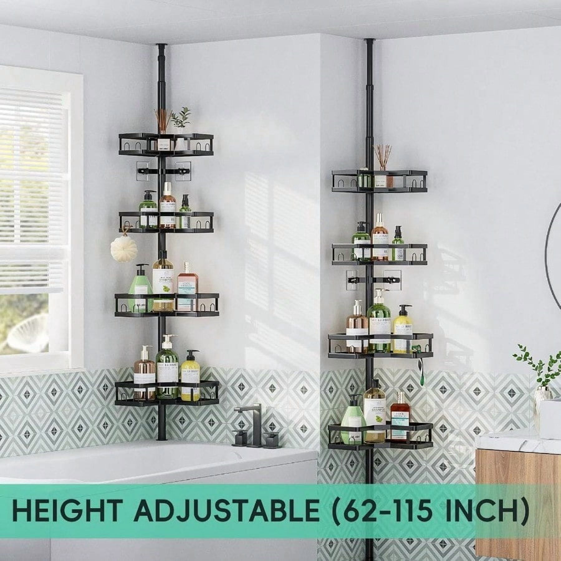 Corner Shower Caddy Tension Pole Adjustable Shower Organizer Corner 62-115 Inch Rustproof Bathroom Storage Shower Shees Black