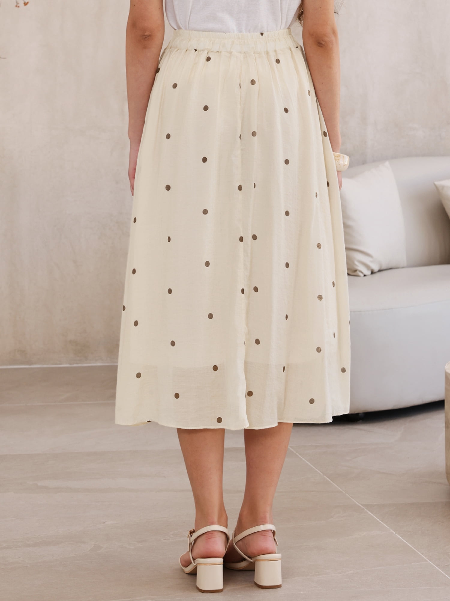DARING DIVA Women's Elastic Waist Polka Dots Midi Skirts Medium Beige