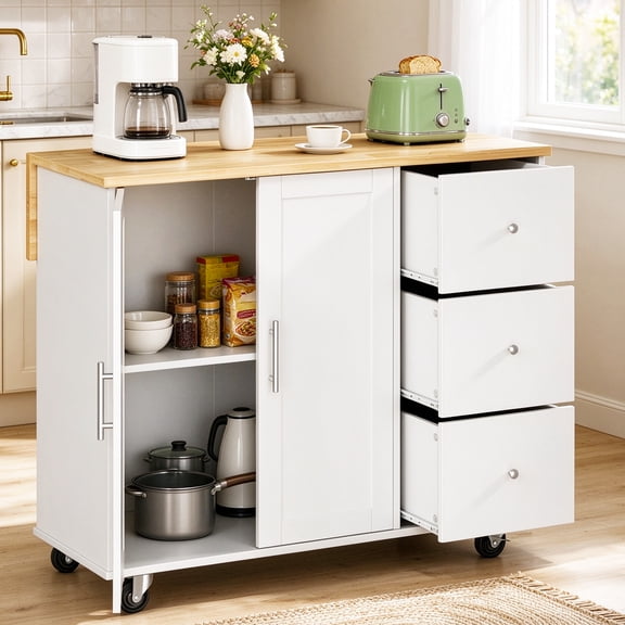 Walsunny 40" Kitchen Islands Carts with Storage Drop Leaf Countertop on Wheels Rolling Microwave Utility Carts with 3 Drawers 1 Storage Cabinets,White