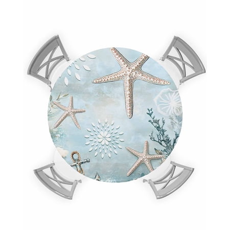 nqOlkjepod Turquoise Ocean Coastal Round Tablecloth Fitted Table Cover with Elastic for 36 -44 Round Tables Summer Beach Nautical Coral Starfish Table Cloth Dinning Party Waterproof Tablecloths